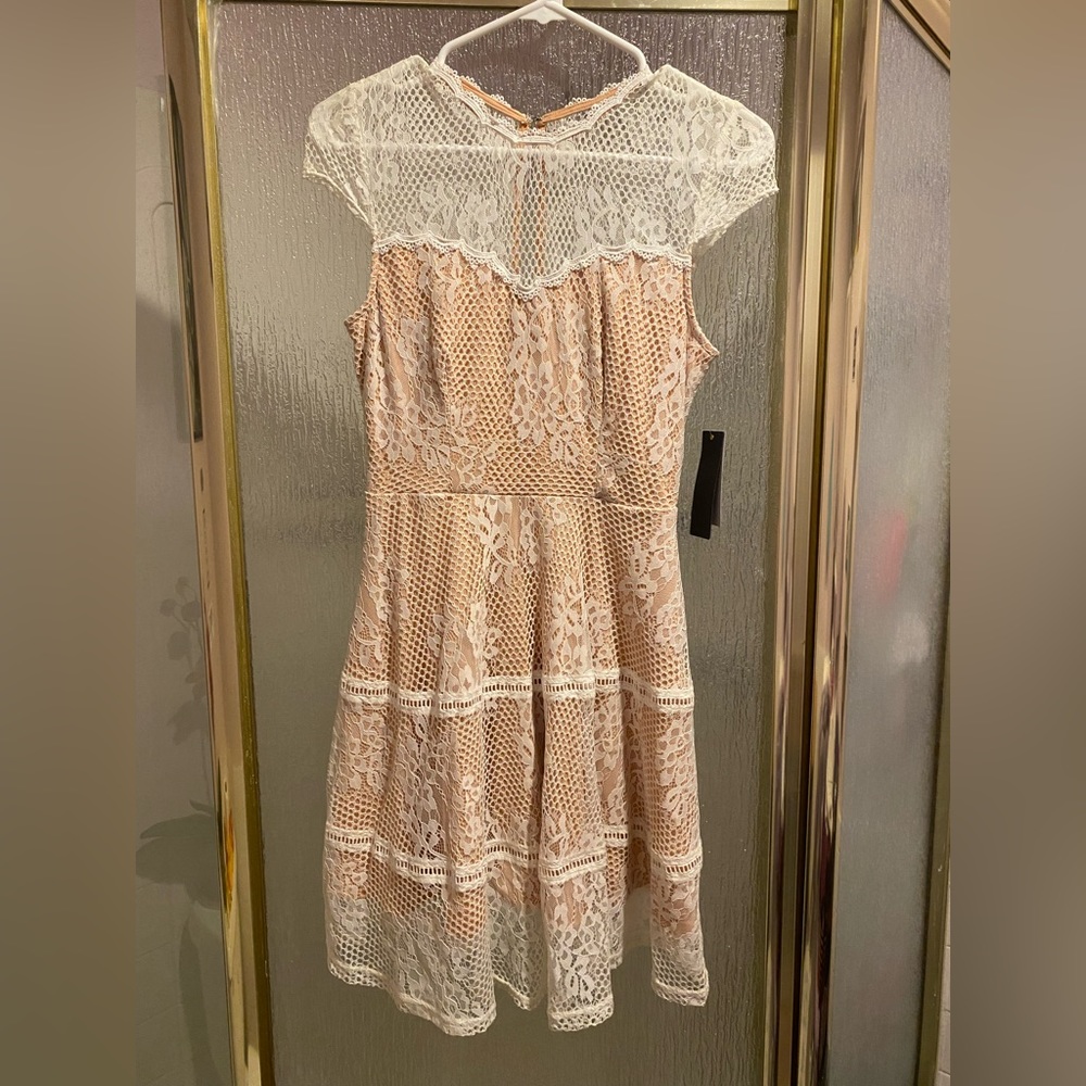 City Studio Junior's Lace Fit & Flare Sweetheart Dress Blush/Rose Cream Size 3